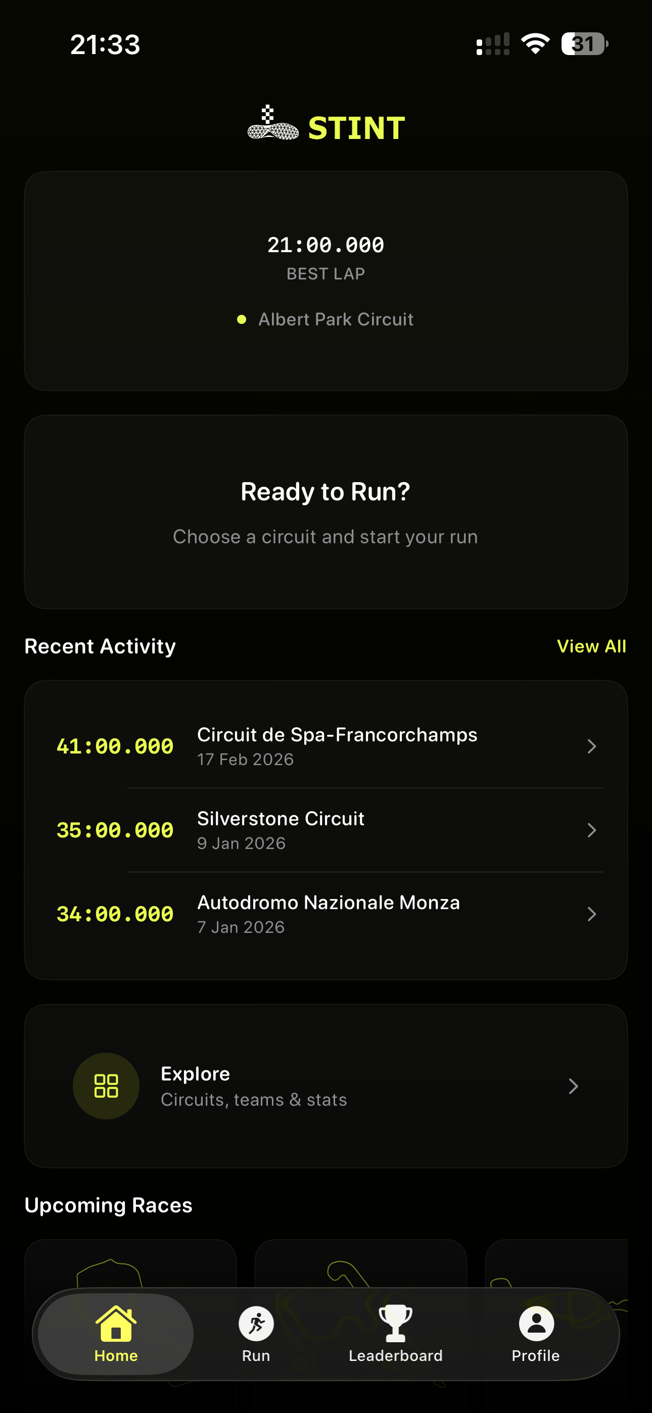 Stint home screen showing best lap time, recent activity, and upcoming races