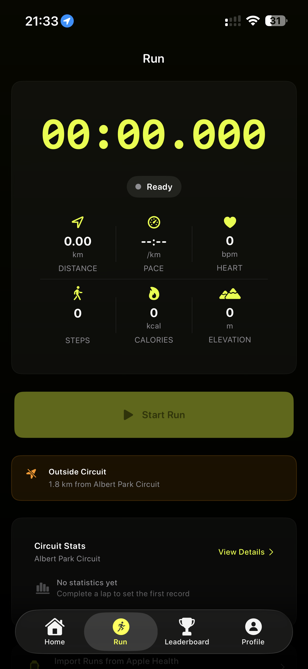 Stint run screen showing live timer, GPS stats, and circuit detection